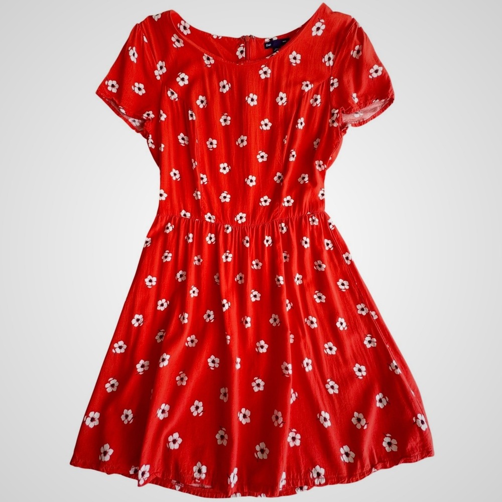 Gap‎ Dress Red Floral Short Sleeve Fit Flare Cottagecore Summer 4